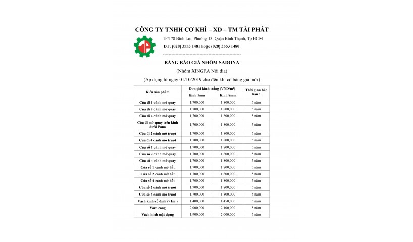 BẢNG BÁO GIÁ NHÔM SADONA (XINGFA NỘI ĐỊA)